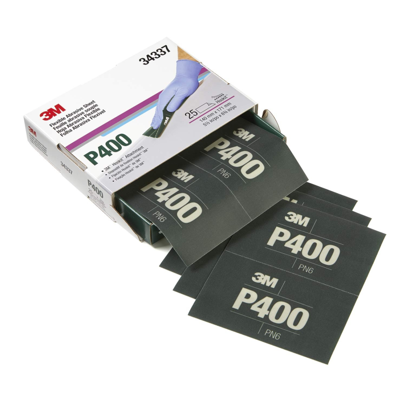 Feuilles abrasives flexibles 3M Hookit™140x171mm P400+Cale manuelle Feuilles abrasives flexibles 3M Hookit™140x171mm P400+Cale manuelle